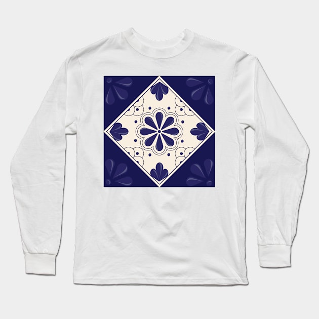 Blue Floral Talavera Tile by Akbaly Long Sleeve T-Shirt by Akbaly